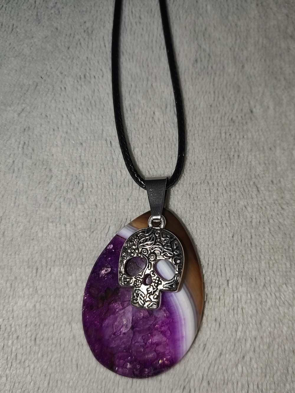 Purple Agate Teardrop Pendant Necklace with Decorative Skull Accent - Handmade J
